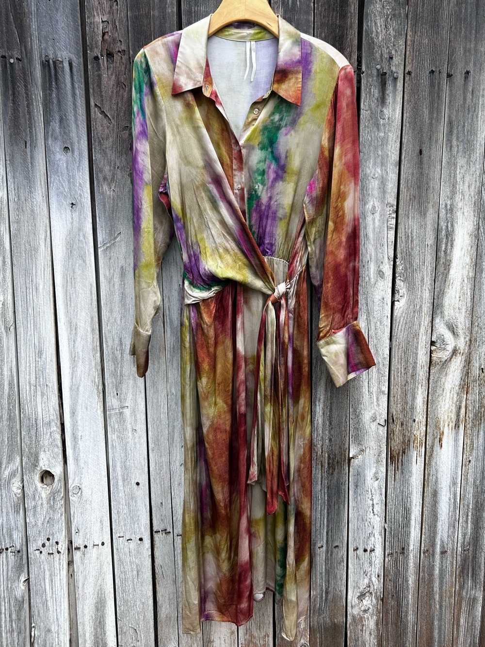 Anthropologie Long Sleeve Tie Front Midi Shirt Dress Viscose Tie Dye L